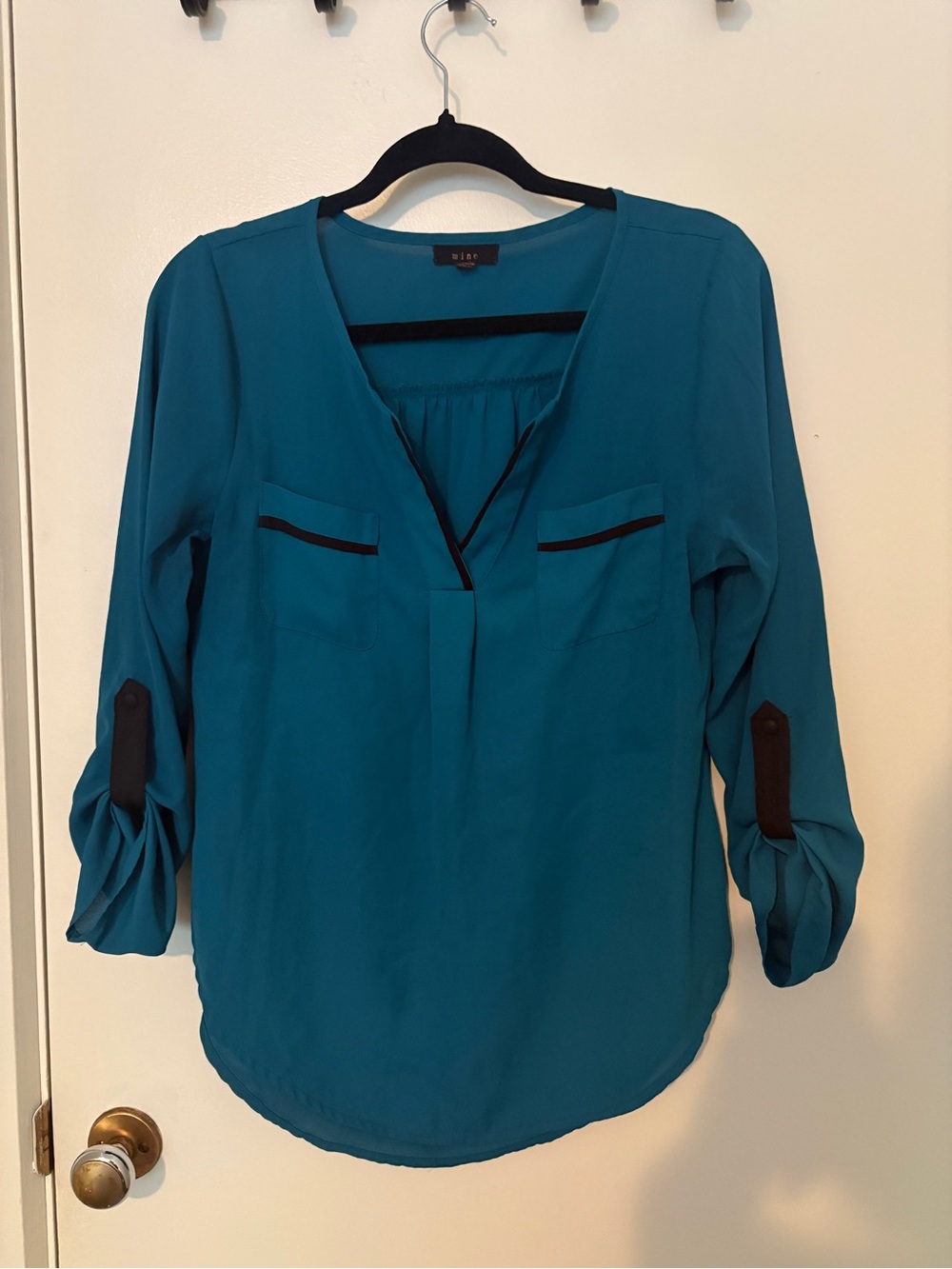 Teal Blouse with Contrast Piping — Roll-Tab Sleeves - Size M